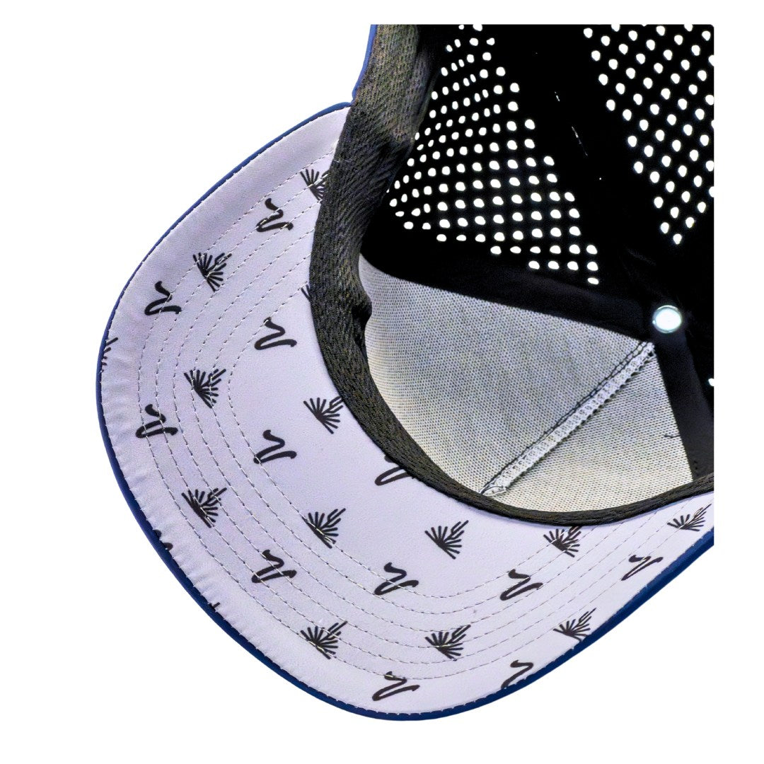 Valley Rays blue mesh cap with white cactus logo and side Valley Rays branding tag. Stylish and breathable hat for outdoor and golf enthusiasts