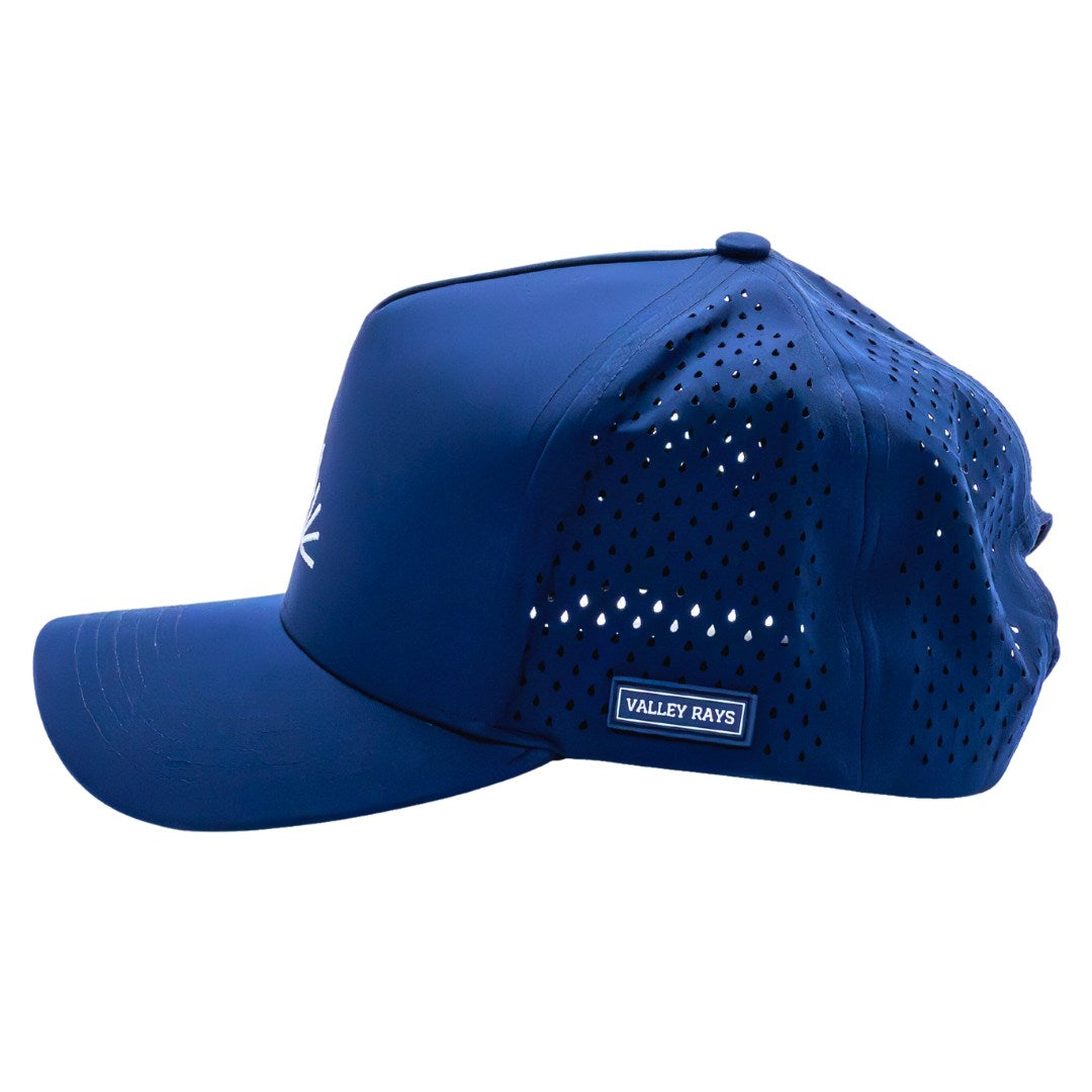 Valley Rays blue mesh cap with white cactus logo and side Valley Rays branding tag. Stylish and breathable hat for outdoor and golf enthusiasts