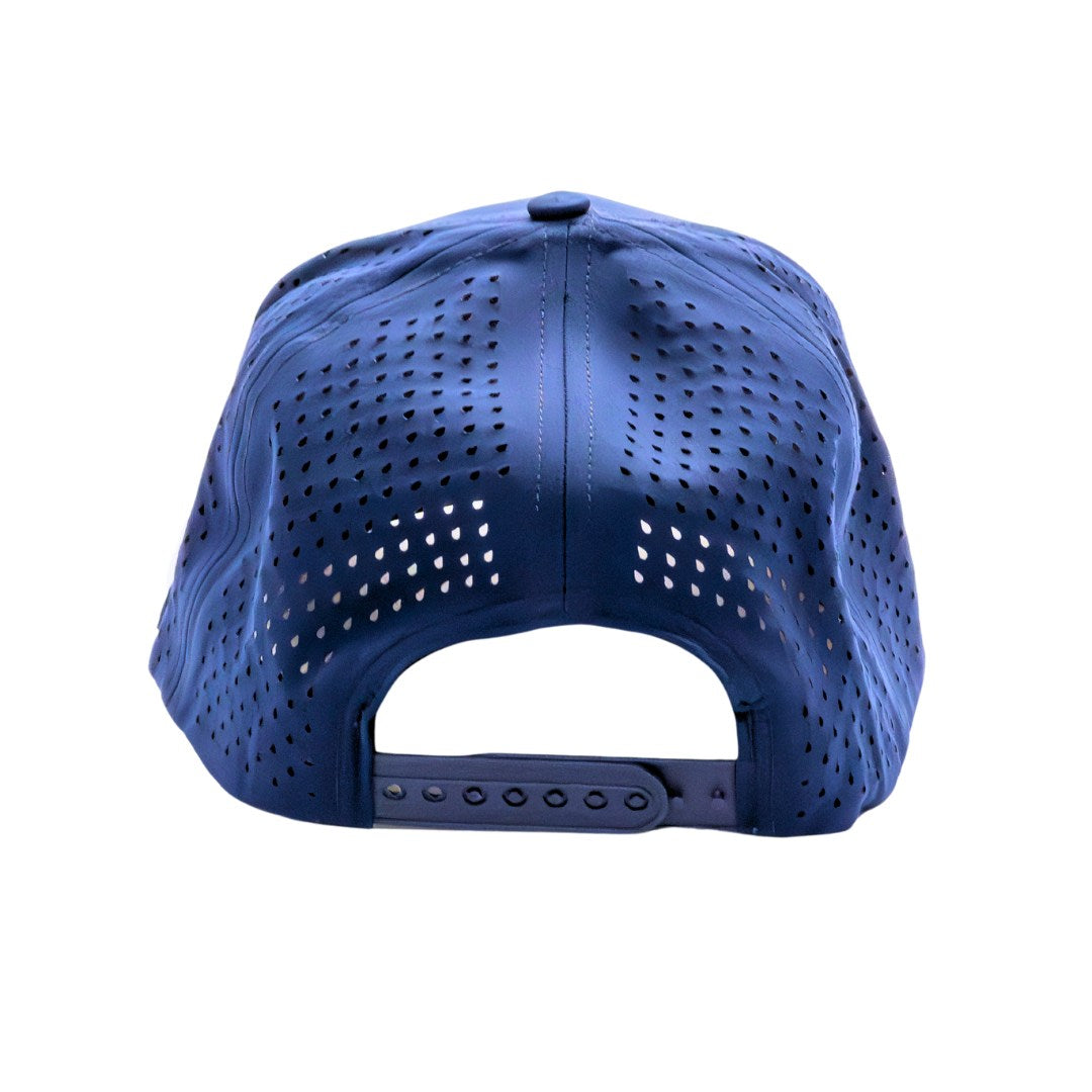 Valley Rays blue mesh cap with white cactus logo and side Valley Rays branding tag. Stylish and breathable hat for outdoor and golf enthusiasts
