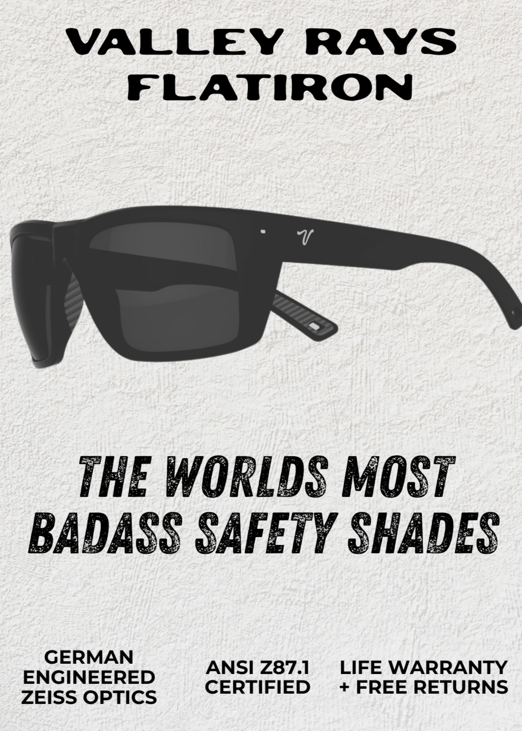 Sunglasses with 'Valley Rays Flatiron' branding on a textured gray background.