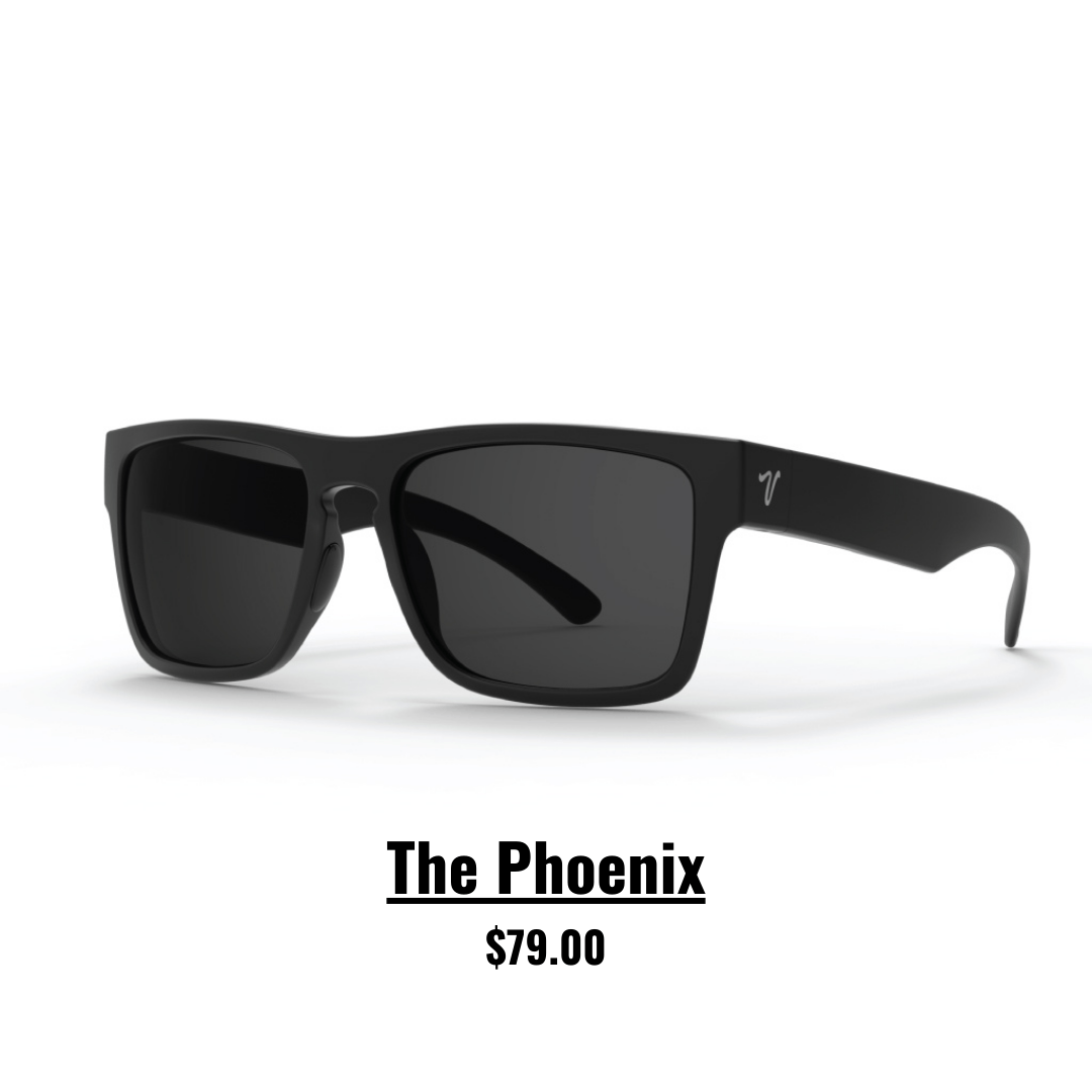 Valley Rays The Phoenix sunglasses in matte black with dark lenses, priced at $79.00. High-quality, eco-friendly eyewear.