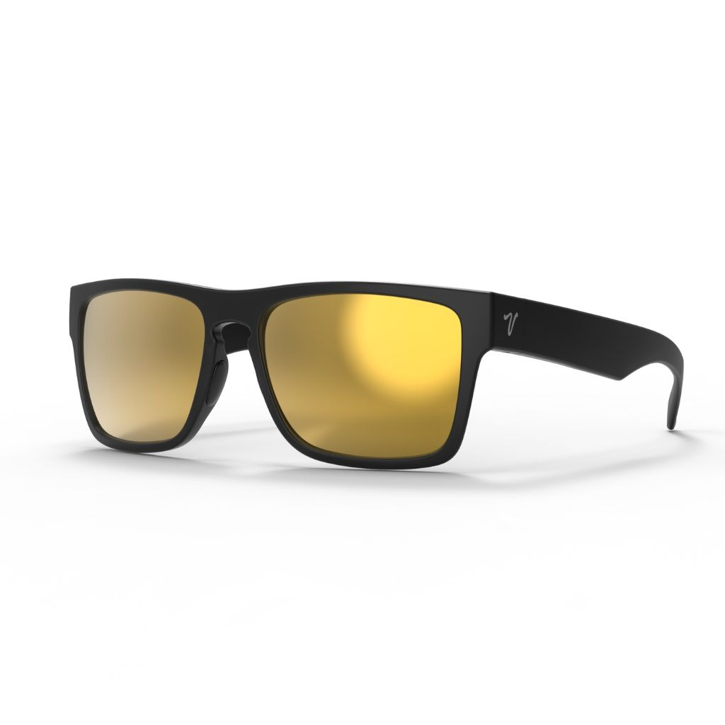 Valley Rays The Phoenix sunglasses in matte black with gold mirror lenses, priced at $79.00. Durable and eco-friendly sunglasses.