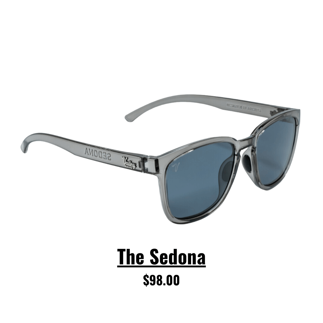 Valley Rays The Sedona sunglasses in clear gray frame with dark lenses, priced at $98.00. Premium eco-friendly eyewear.