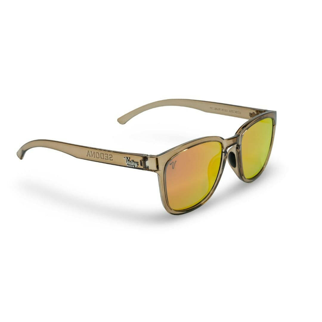 2024 popular Sedona sunglasses with crystal brown frame and rose gold mirror lens featuring top-quality 2mm nylon lens for clarity, durability, and scratch resistance. Includes best-in-industry bio resin TR90 frame with Valley Rays logo on the temple arm