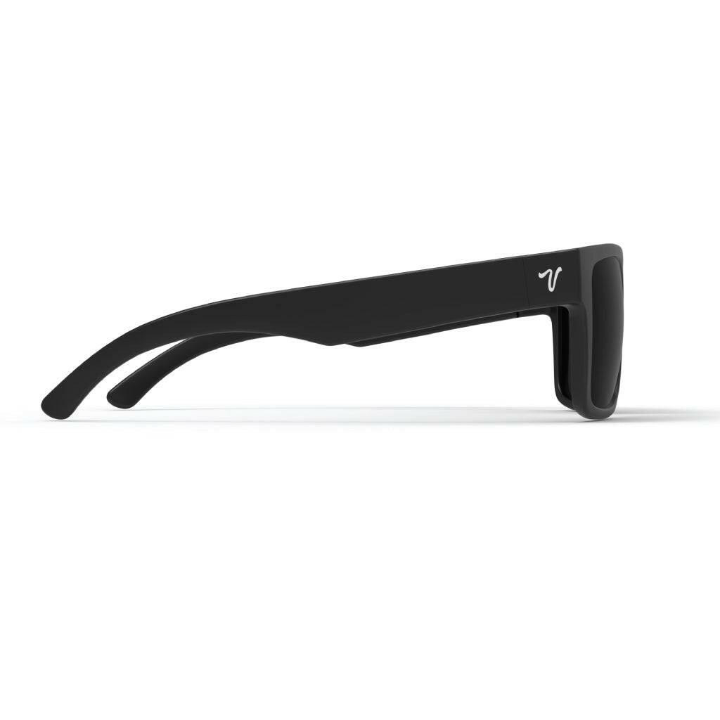 2024 popular matte black sunglasses with blue mirror lens featuring top-quality 2mm nylon lens for clarity, durability, and scratch resistance. Includes best-in-industry bio resin TR90 frame with Valley Rays V logo on the temple arm