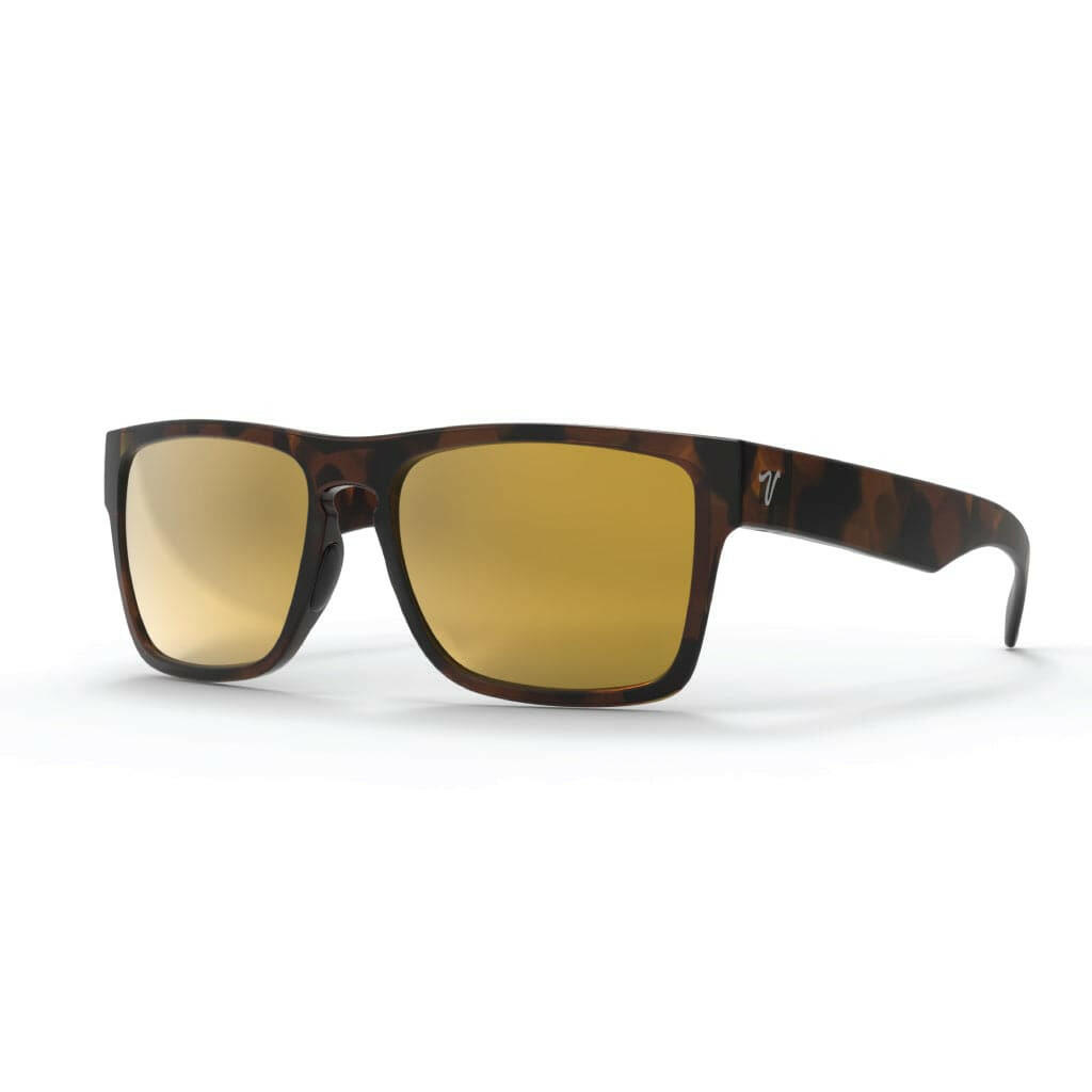 2024 popular matte black sunglasses with gold mirror lens featuring top-quality 2mm nylon lens for clarity, durability, and scratch resistance. Includes best-in-industry bio resin TR90 frame with Valley Rays V logo on the temple arm