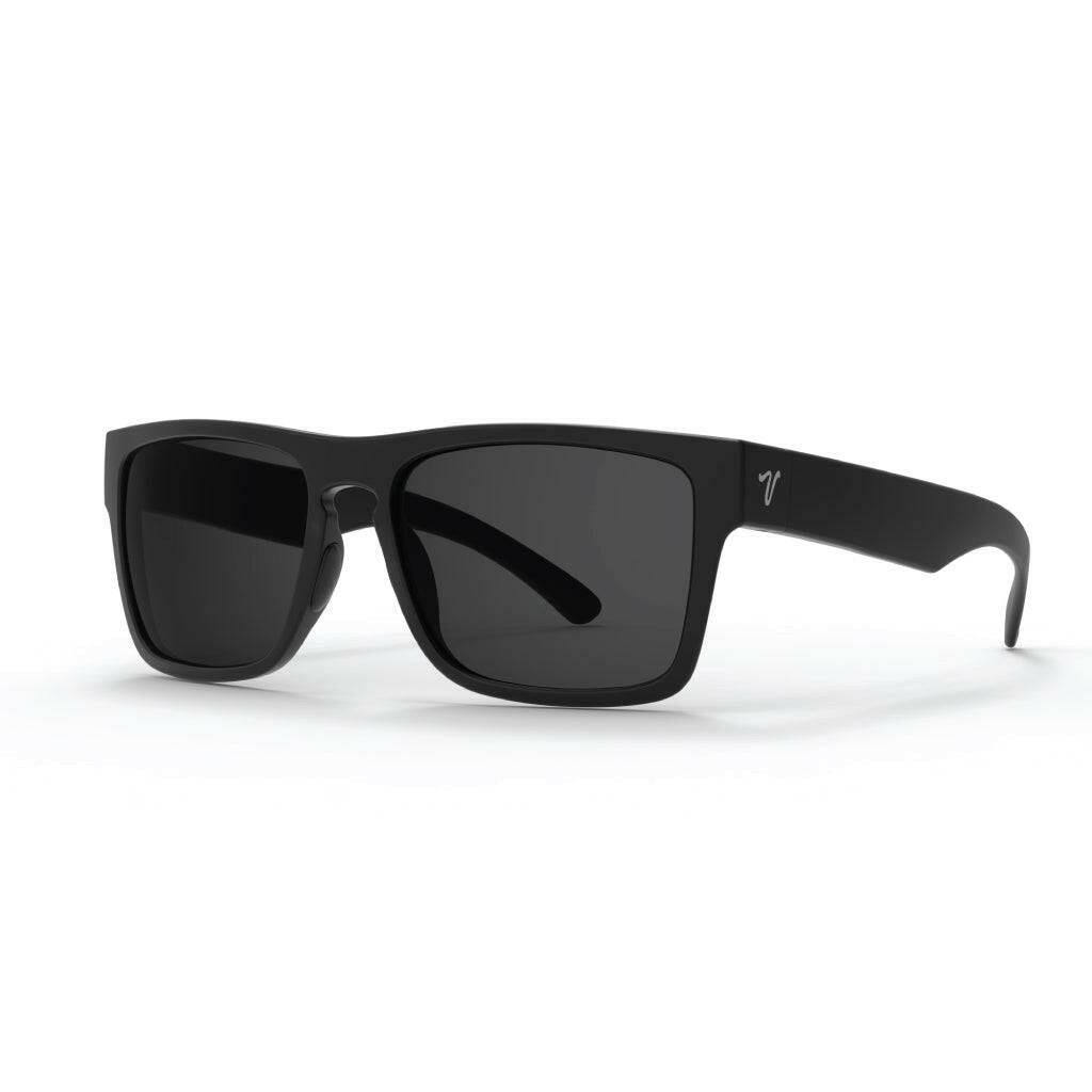 2024 popular matte black sunglasses with grey lens featuring top-quality 2mm nylon lens for clarity, durability, and scratch resistance. Includes best-in-industry bio resin TR90 frame with Valley Rays V logo on the temple arm