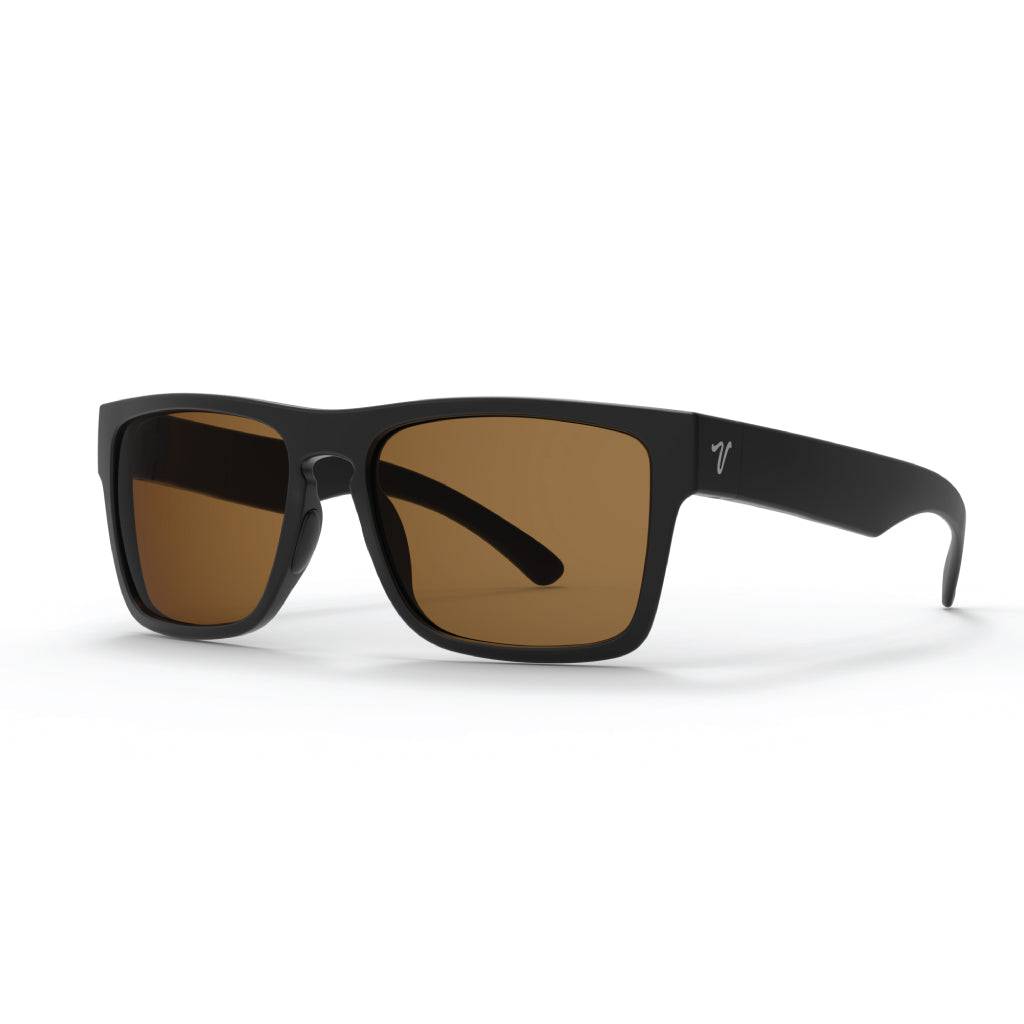 2026 popular matte black sunglasses with brown lens featuring top-quality 2mm nylon lens for clarity, durability, and scratch resistance. Includes best-in-industry bio resin TR90 frame with Valley Rays V logo on the temple arm