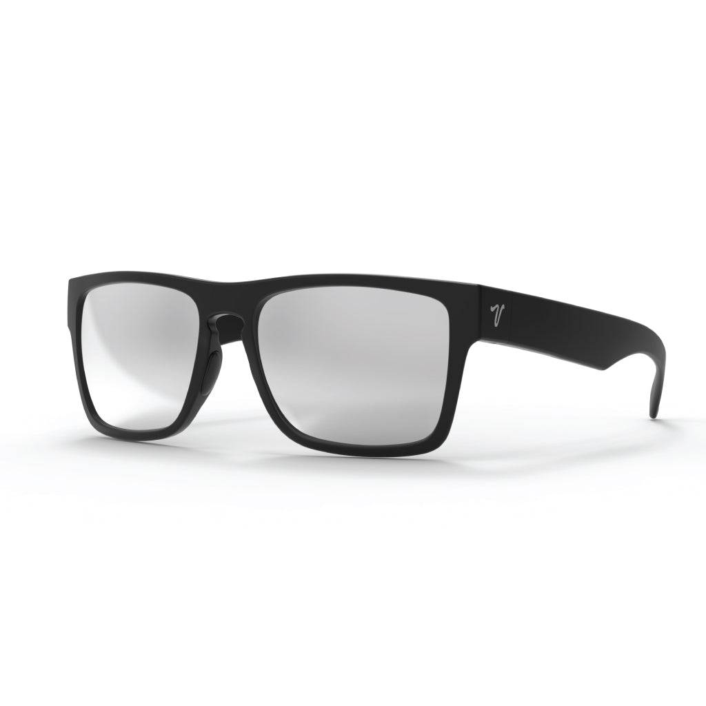 2024 popular matte black sunglasses with silver mirror lens featuring top-quality 2mm nylon lens for clarity, durability, and scratch resistance. Includes best-in-industry bio resin TR90 frame with Valley Rays V logo on the temple arm