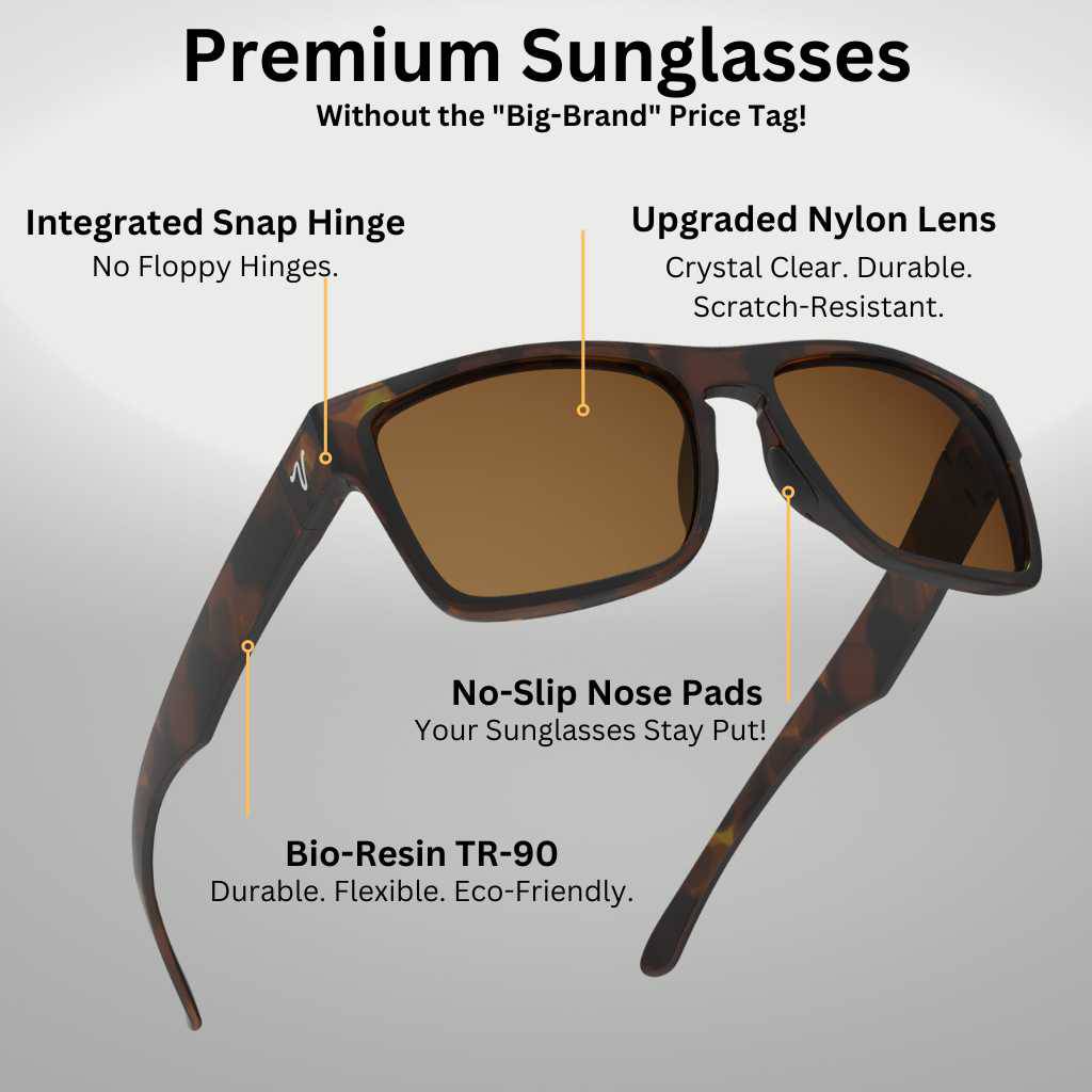 2024 popular matte black sunglasses with brown lens featuring top-quality 2mm nylon lens for clarity, durability, and scratch resistance. Includes best-in-industry bio resin TR90 frame with Valley Rays V logo on the temple arm