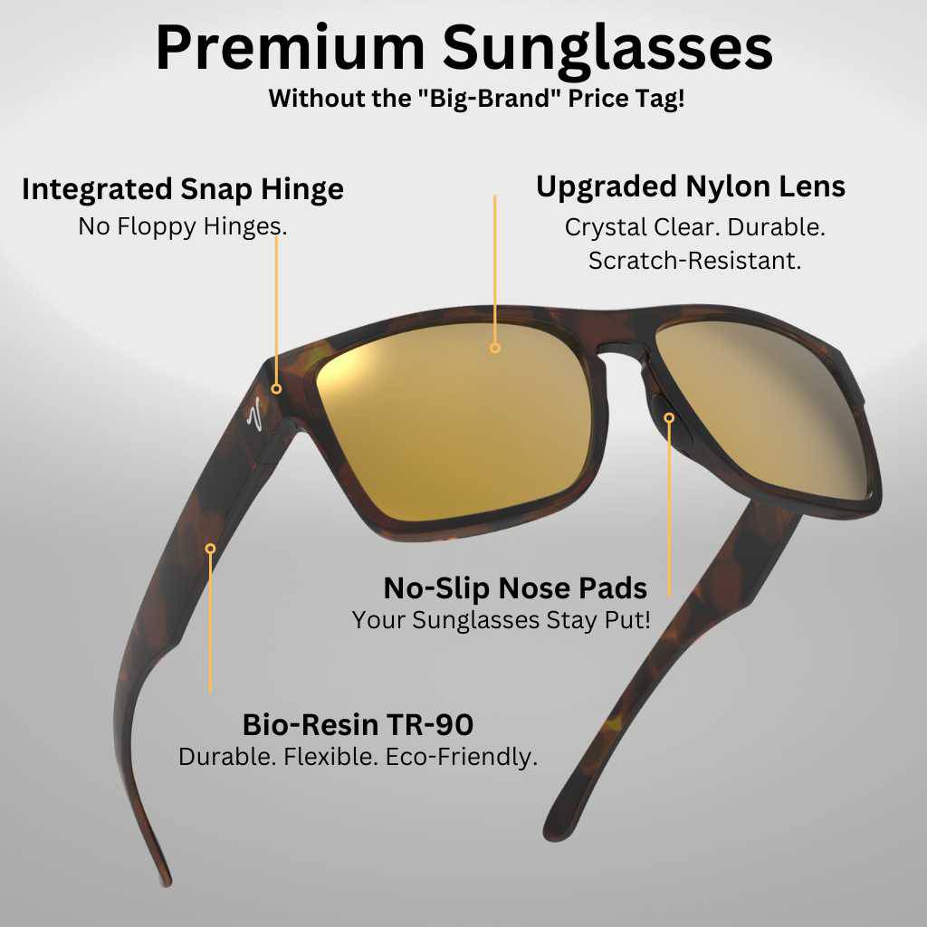 2024 popular matte black sunglasses with gold mirror lens featuring top-quality 2mm nylon lens for clarity, durability, and scratch resistance. Includes best-in-industry bio resin TR90 frame with Valley Rays V logo on the temple arm