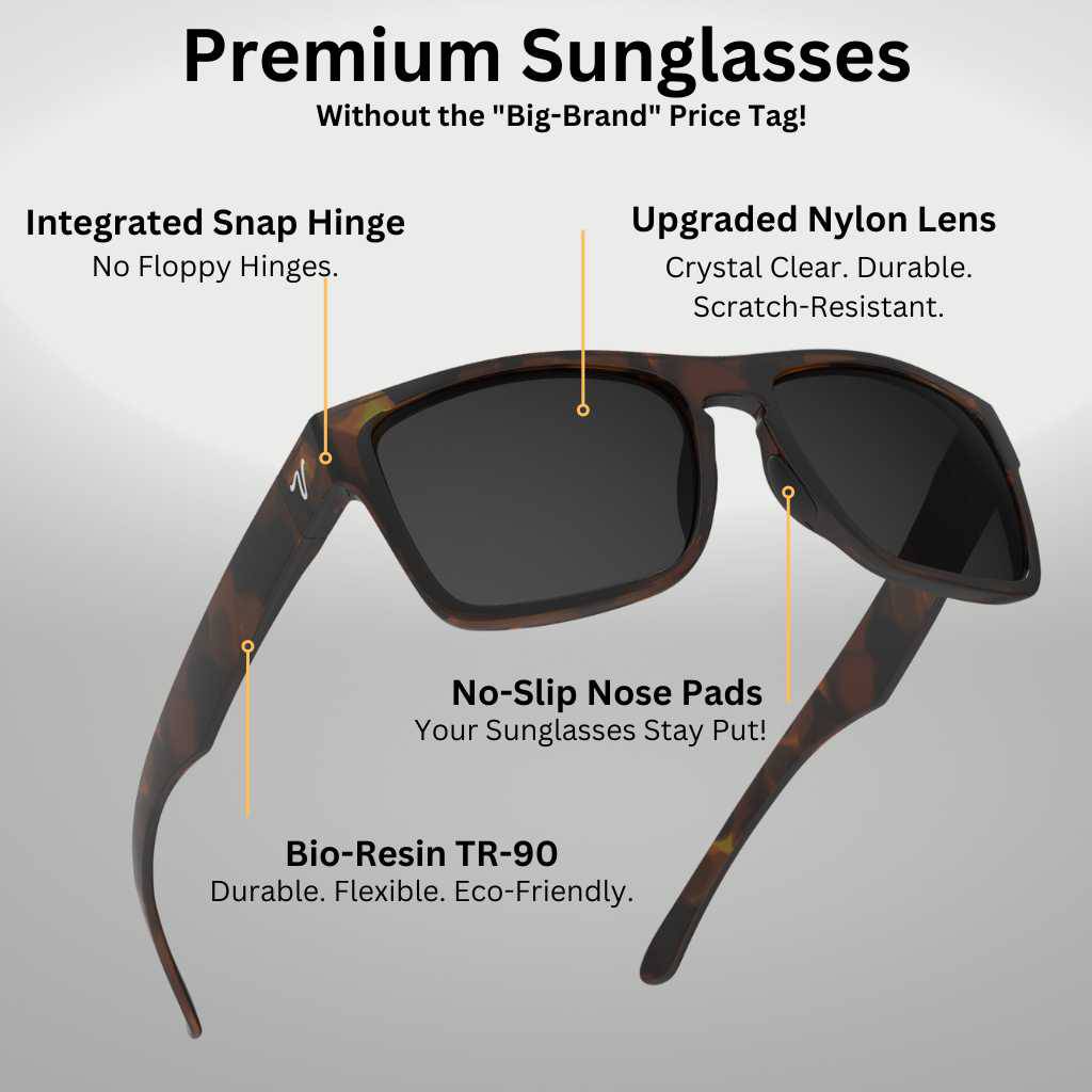 2024 popular matte black sunglasses with grey lens featuring top-quality 2mm nylon lens for clarity, durability, and scratch resistance. Includes best-in-industry bio resin TR90 frame with Valley Rays V logo on the temple arm