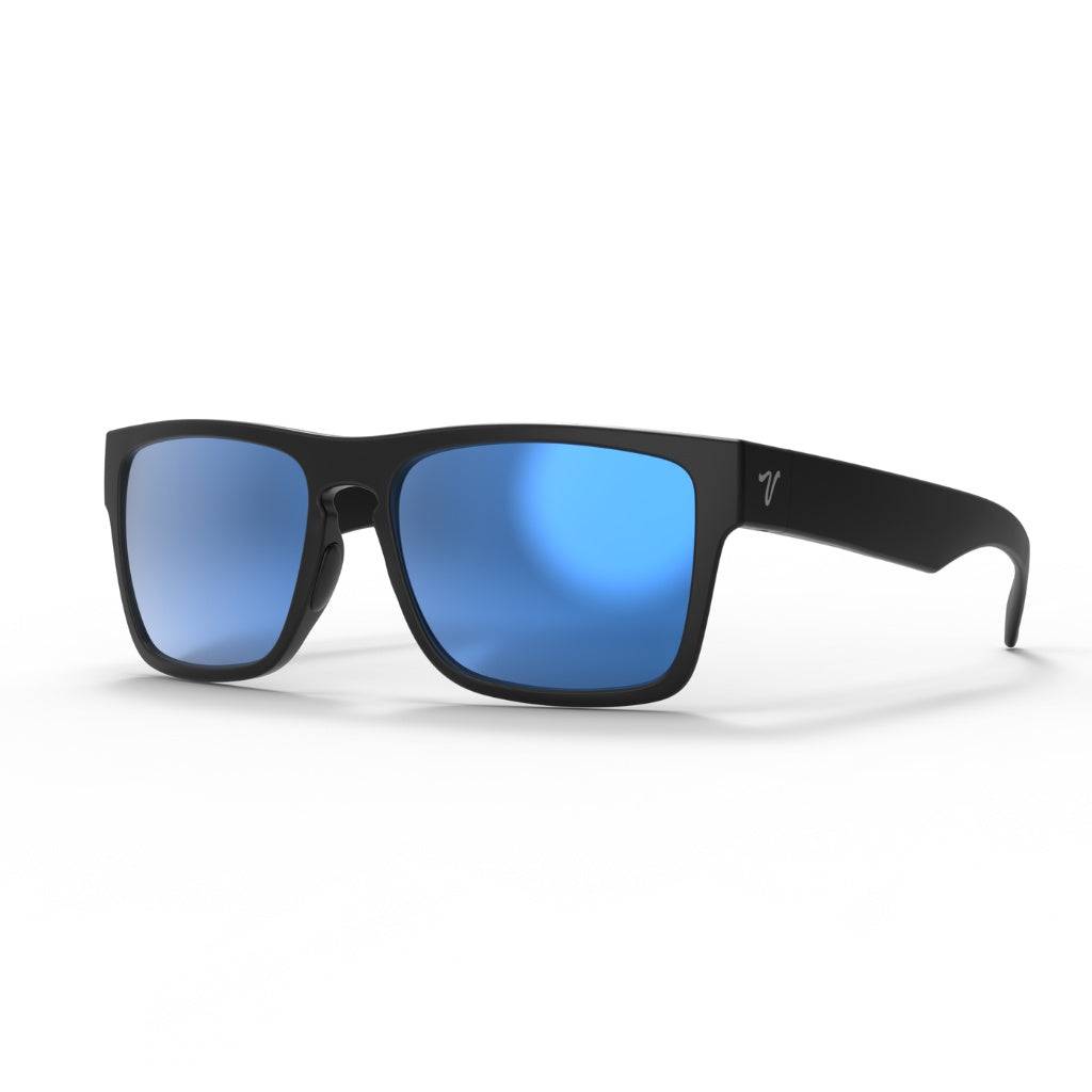 2026 popular matte black sunglasses with blue mirror lens featuring top-quality 2mm nylon lens for clarity, durability, and scratch resistance. Includes best-in-industry bio resin TR90 frame with Valley Rays V logo on the temple arm