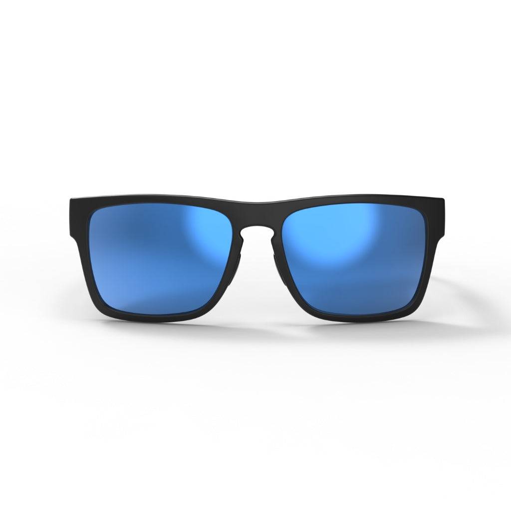 2024 popular matte black sunglasses with blue mirror lens featuring top-quality 2mm nylon lens for clarity, durability, and scratch resistance. Includes best-in-industry bio resin TR90 frame with Valley Rays V logo on the temple arm