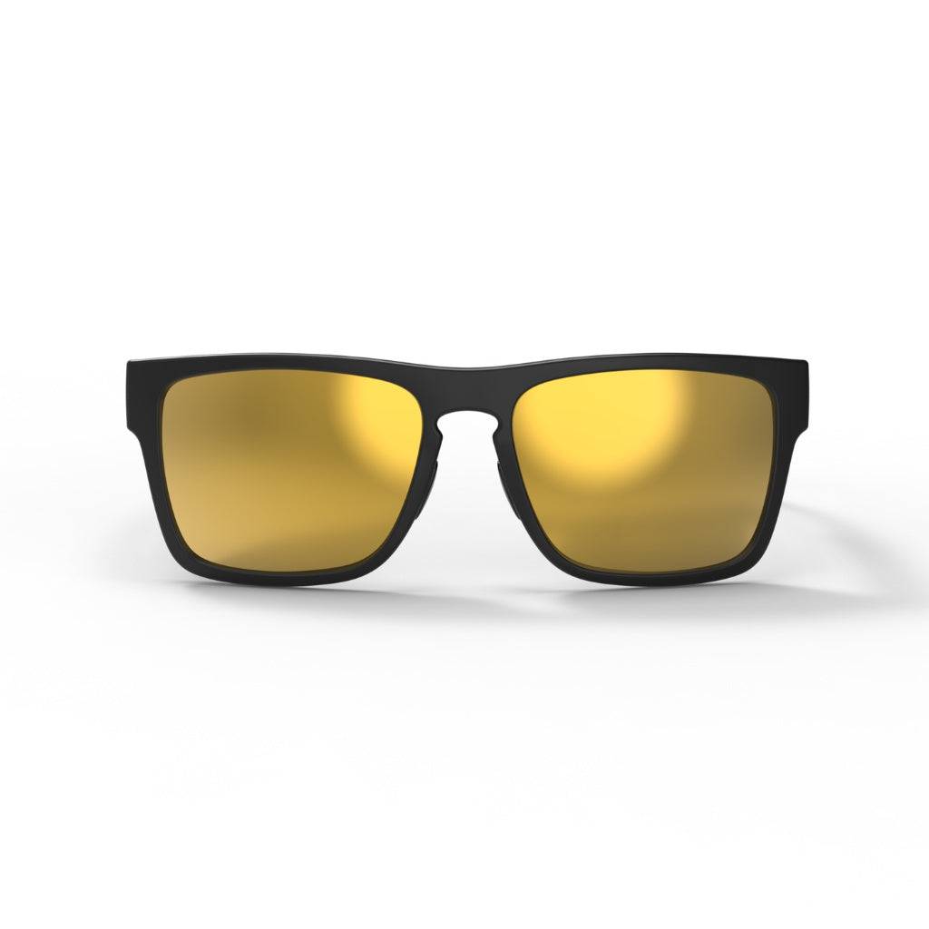 2024 popular matte black sunglasses with gold mirror lens featuring top-quality 2mm nylon lens for clarity, durability, and scratch resistance. Includes best-in-industry bio resin TR90 frame with Valley Rays V logo on the temple arm